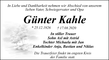 Traueranzeige von Günter Kahle von Super Sonntag Wittenberg