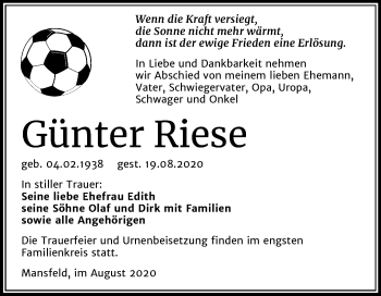 Traueranzeige von Günter Riese von Super Sonntag Mansfelder Land
