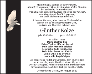 Traueranzeige von Günther Kolze von Super Sonntag Köthen