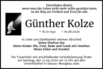 Traueranzeige von Günther Kolze von Mitteldeutsche Zeitung Dessau-Roßlau