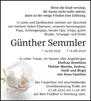 Traueranzeige von Günther Semmler von Super Sonntag Bernburg