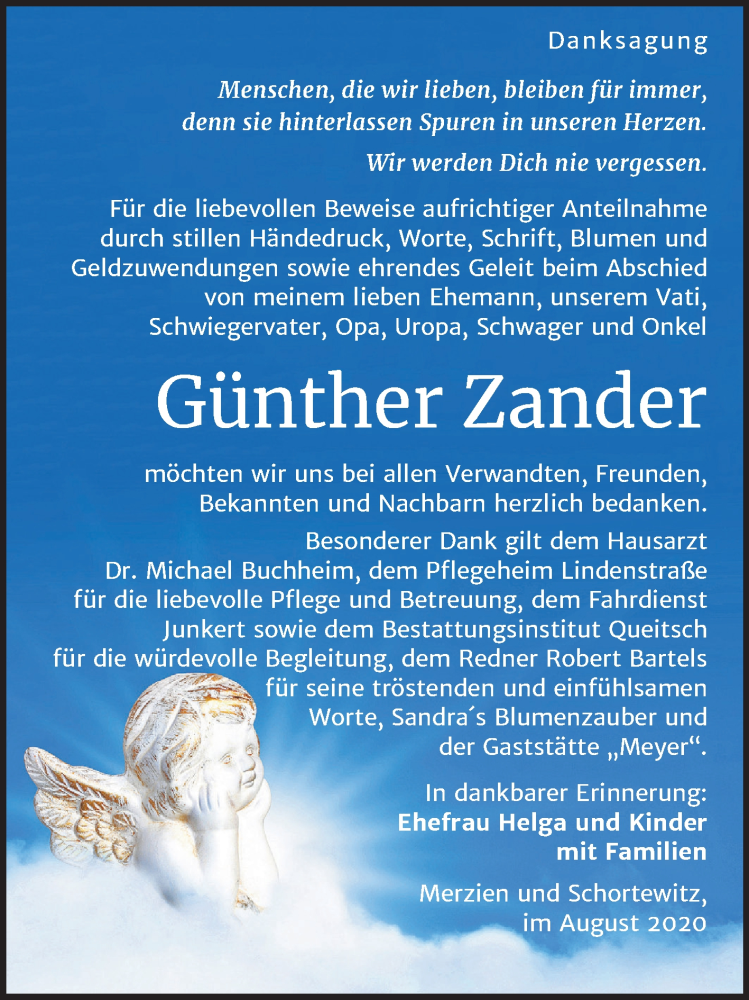  Traueranzeige für Günther Zander vom 22.08.2020 aus Super Sonntag Köthen