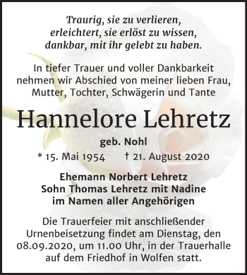 Traueranzeige von Hannelore Lehretz von Mitteldeutsche Zeitung Bitterfeld