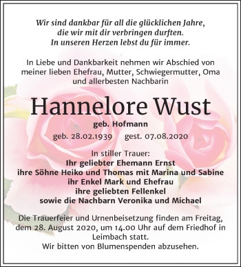 Traueranzeige von Hannelore Wust von Super Sonntag Mansfelder Land