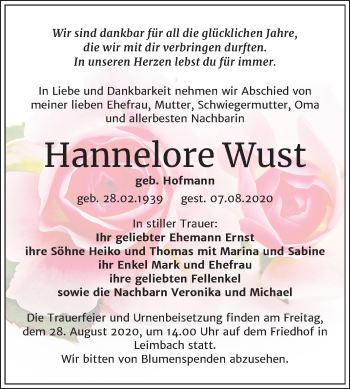 Traueranzeige von Hannelore Wust von Mitteldeutsche Zeitung Mansfelder Land