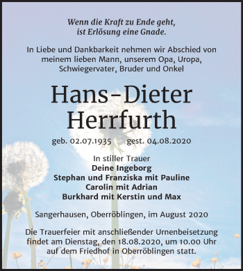 Traueranzeige von Hans-Dieter Herrfurth von Wochenspiegel Sangerhausen
