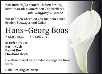 Traueranzeige von Hans-Georg Boas von Mitteldeutsche Zeitung Halle/Saalkreis