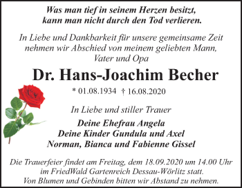 Traueranzeige von Hans-Joachim Becher von Super Sonntag Dessau-Roßlau