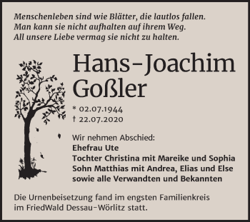 Traueranzeige von Hans-Joachim Goßler von Mitteldeutsche Zeitung Bitterfeld