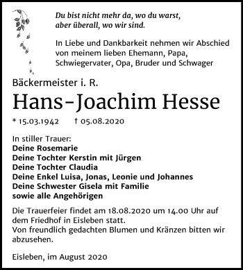 Traueranzeige von Hans-Joachim Hesse von Mitteldeutsche Zeitung Mansfelder Land