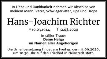Traueranzeige von Hans-Joachim Richter von Super Sonntag Quedlinburg