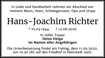 Traueranzeige von Hans-Joachim Richter von Mitteldeutsche Zeitung Quedlinburg