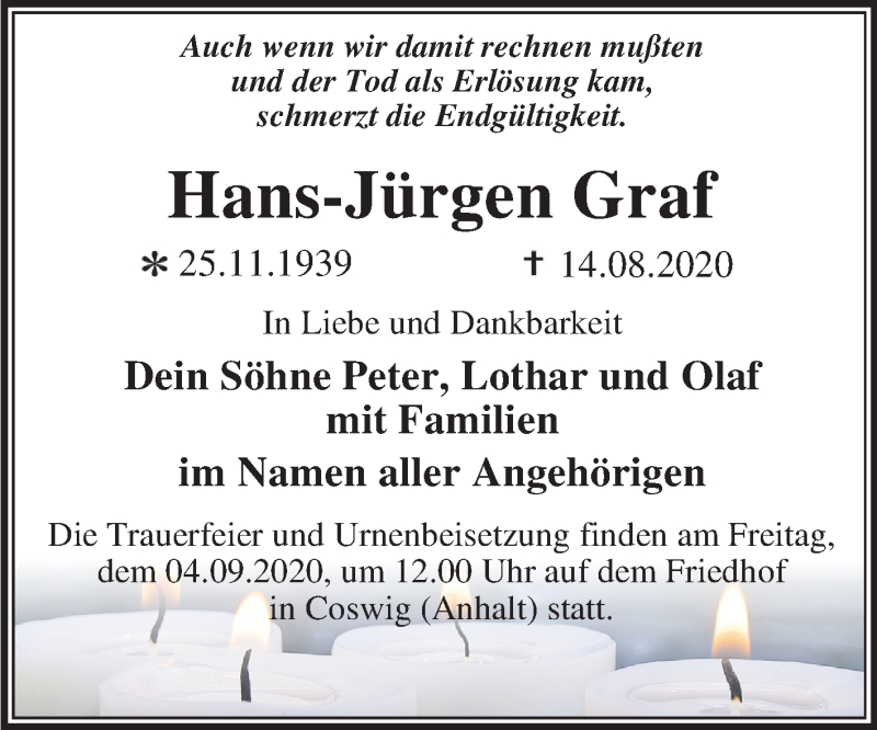  Traueranzeige für Hans-Jürgen Graf vom 22.08.2020 aus Mitteldeutsche Zeitung Wittenberg