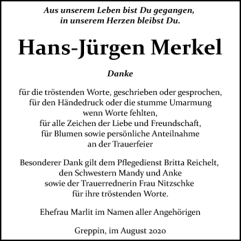 Traueranzeige von Hans-Jürgen Merkel von Mitteldeutsche Zeitung Bitterfeld