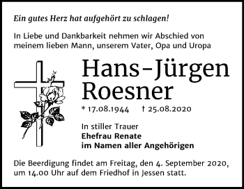 Traueranzeige von Hans-Jürgen Roesner von Super Sonntag Wittenberg