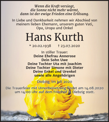 Traueranzeige von Hans Kurth von Mitteldeutsche Zeitung Köthen