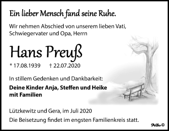 Traueranzeige von Hans Preuß von Mitteldeutsche Zeitung Naumburg/Nebra