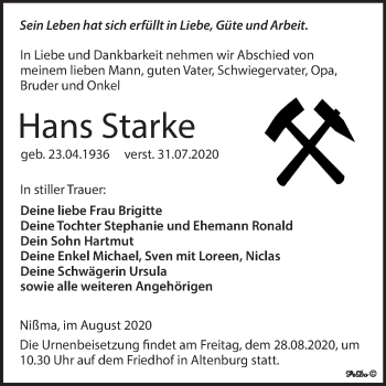 Traueranzeige von Hans Starke von Mitteldeutsche Zeitung Zeitz