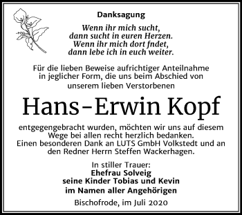 Traueranzeige von Hans Erwin Kopf von Mitteldeutsche Zeitung Mansfelder Land