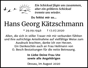 Traueranzeige von Hans Georg Kätzschmann von Super Sonntag Dessau-Roßlau