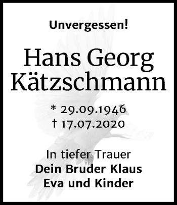 Traueranzeige von Hans Georg Kätzschmann von Super Sonntag Dessau-Roßlau