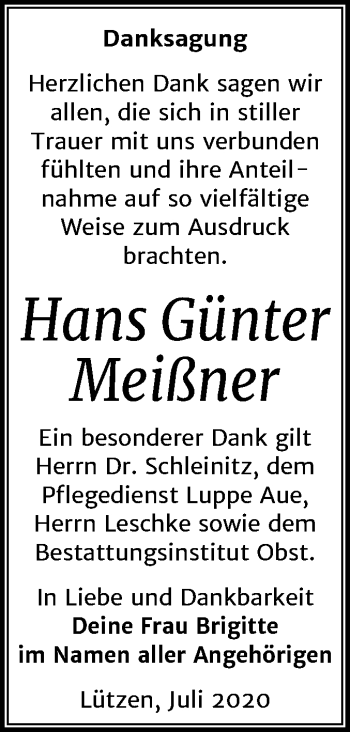 Traueranzeige von Hans Günter Meißner von Wochenspiegel Weißenfels