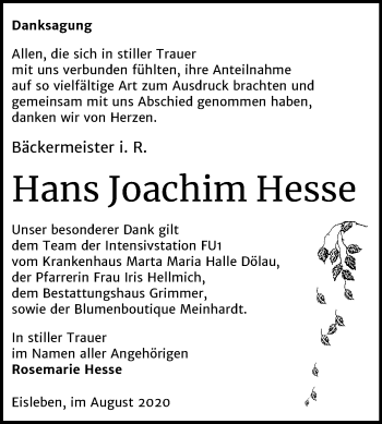 Traueranzeige von Hans Joachim Hesse von Super Sonntag Mansfelder Land