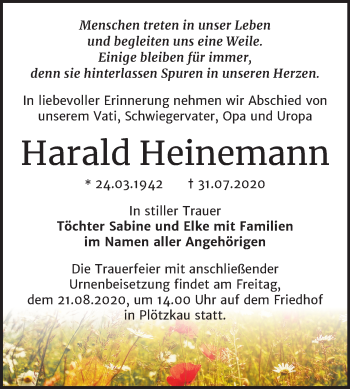 Traueranzeige von Harald Heinemann von Super Sonntag Bernburg