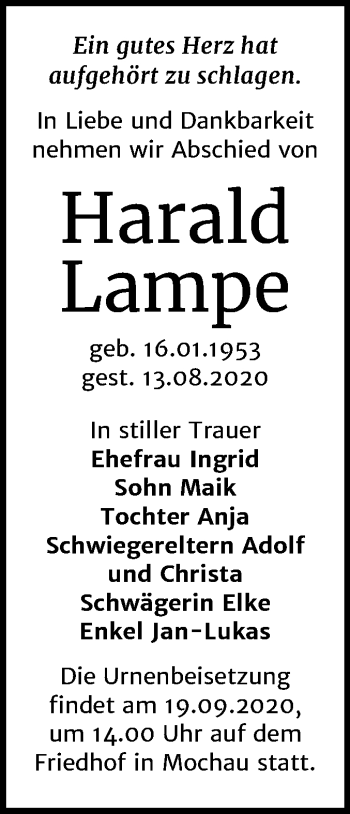 Traueranzeige von Harald Lampe von Mitteldeutsche Zeitung Wittenberg