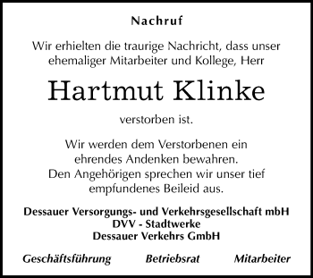 Traueranzeige von Hartmut Klinke von Mitteldeutsche Zeitung Dessau-Roßlau