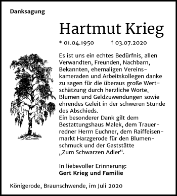 Traueranzeige von Hartmut Krieg von Mitteldeutsche Zeitung Quedlinburg