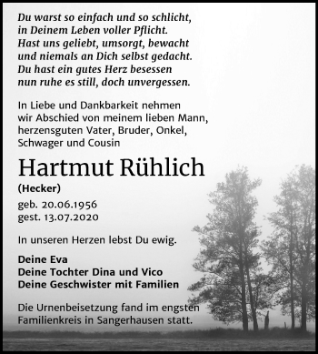 Traueranzeige von Hartmut Rühlich von Mitteldeutsche Zeitung Sangerhausen