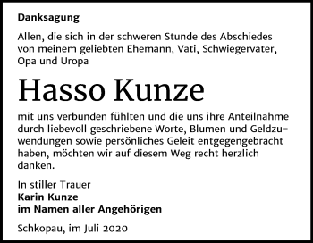 Traueranzeige von Hasso Kunze von Super Sonntag Merseburg/Querfurt