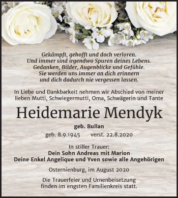 Traueranzeige von Heidemarie Mendyk von Mitteldeutsche Zeitung Köthen