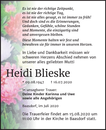 Traueranzeige von Heidi Blies von Mitteldeutsche Zeitung Köthen