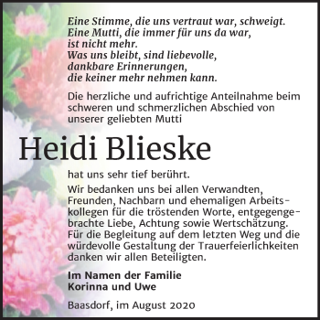 Traueranzeige von Heidi Blieske von Mitteldeutsche Zeitung Köthen