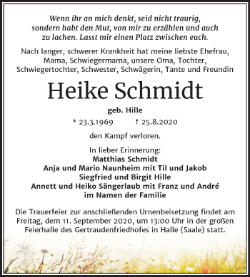 Traueranzeige von Heike Schmidt von Mitteldeutsche Zeitung Halle/Saalkreis / Sangerhausen