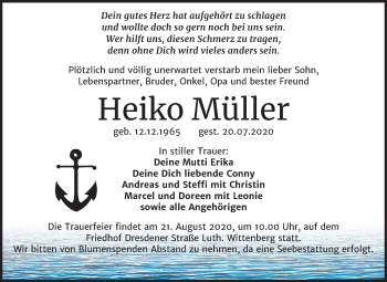 Traueranzeige von Heiko Müller von Mitteldeutsche Zeitung Wittenberg
