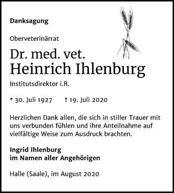 Traueranzeige von Heinrich Ihlenburg von Mitteldeutsche Zeitung Halle/Saalkreis