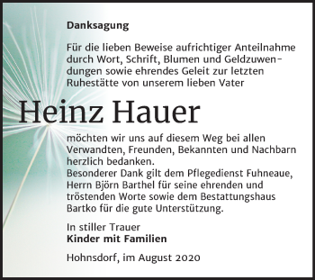 Traueranzeige von Heinz Hauer von Mitteldeutsche Zeitung Köthen