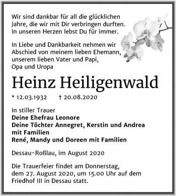 Traueranzeige von Heinz Heiligenwald von Mitteldeutsche Zeitung Dessau-Roßlau
