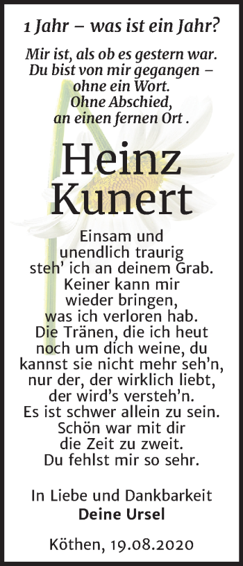 Traueranzeige von Heinz Kunert von Mitteldeutsche Zeitung Köthen