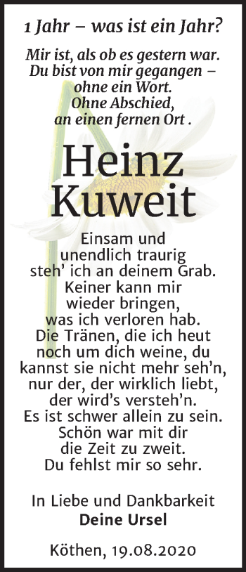 Traueranzeige von Heinz Kuweit von Mitteldeutsche Zeitung Köthen