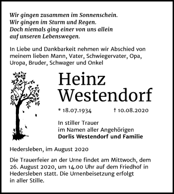 Traueranzeige von Heinz Westendorf von Super Sonntag Quedlinburg