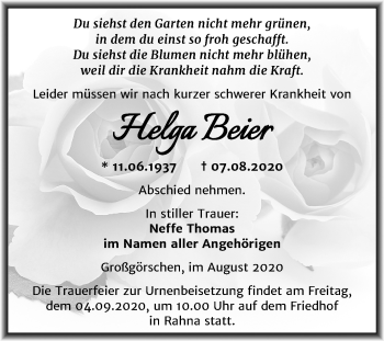 Traueranzeige von Helga Beier von Wochenspiegel Weißenfels