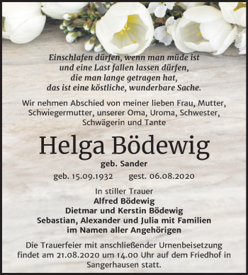 Traueranzeige von Helga Bödewig von Super Sonntag Sangerhausen