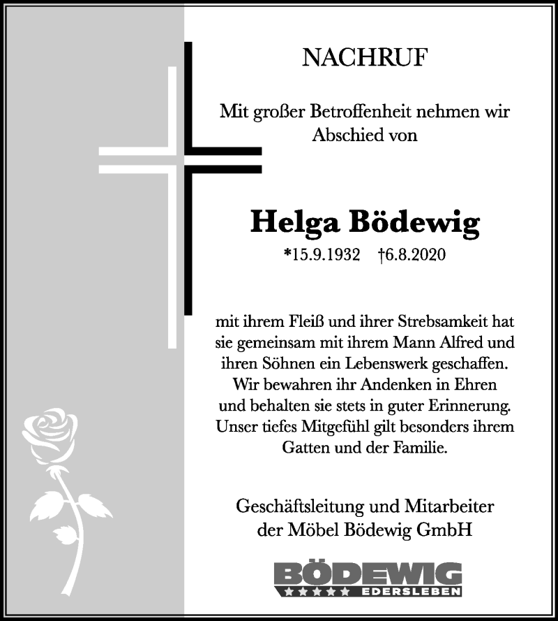  Traueranzeige für Helga Bödewig vom 12.08.2020 aus Mitteldeutsche Zeitung Sangerhausen