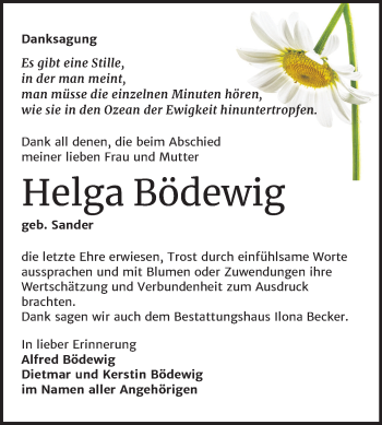 Traueranzeige von Helga Bödewig von Mitteldeutsche Zeitung Sangerhausen