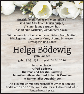Traueranzeige von Helga Bödewig von Mitteldeutsche Zeitung Sangerhausen