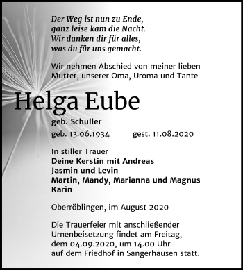 Traueranzeige von Helga Eube von Super Sonntag Sangerhausen
